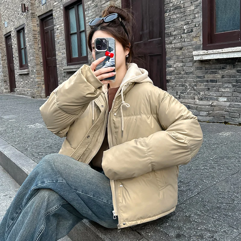 偽二枚フード付きパーカー女性の Pu レザーショートコート綿入りジャケットルーズアウター学生厚みのパン服