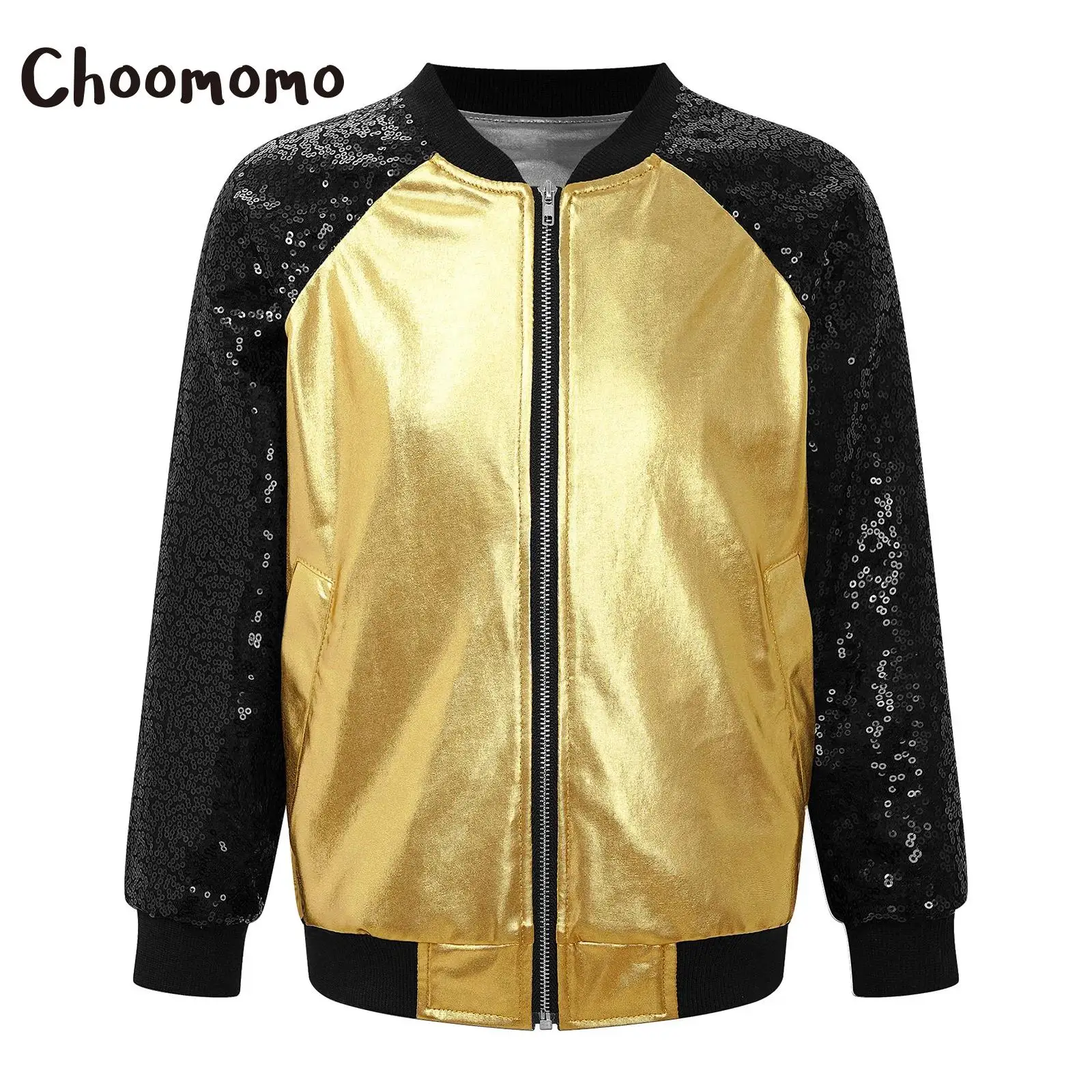 Kids Girls Sequins Bomber Jackets Shiny Metallic Long Sleeve Zipper Coat Outerwear for Modern Dance Festivals Party Raves