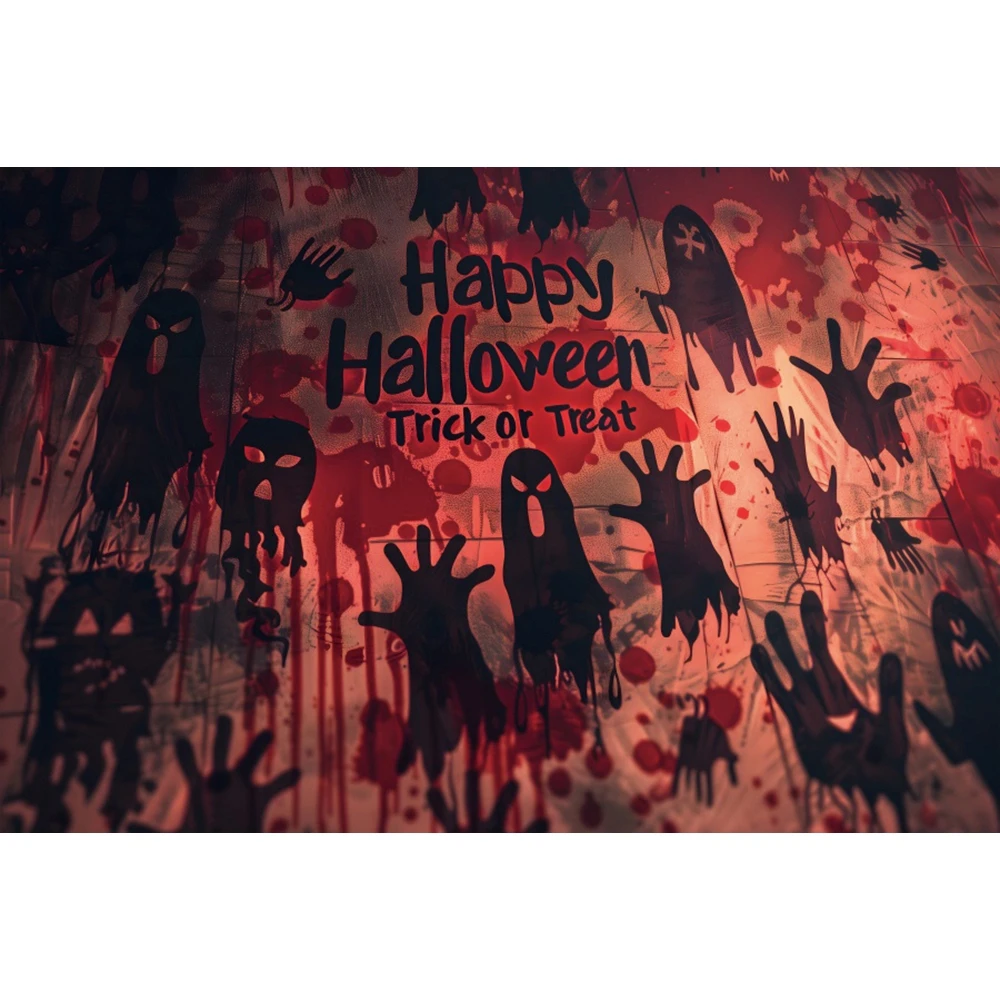 Fondo de feliz Halloween para niños, fantasma de terror, truco o trato, estampado de manos sangriento aterrador, retrato de Halloween, decoración de fondo de fotografía