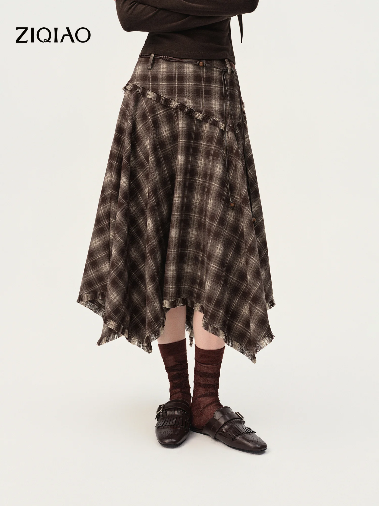 ZIQIAO Women Vintage Nomadic Diagonal Seam Plaid Long Skirt Asymmetric Irregular Hem High Waist Bohemian Half Skirt Warm Trendy