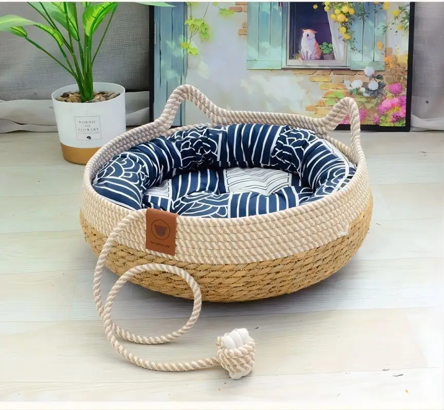 OUZEY 2024 New Rattan Woven Cat Bed Pet Nest All Seasons Comfortable Sleeping 35/40cm Cat Nesk Round Cat House Puppy Dog Bed