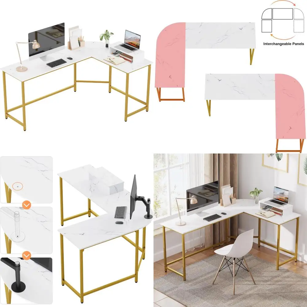 Modern Corner Desk with Monitor Stand, Reversible L-Shaped Home Office Desk for PC Workstation, Study Writing Area