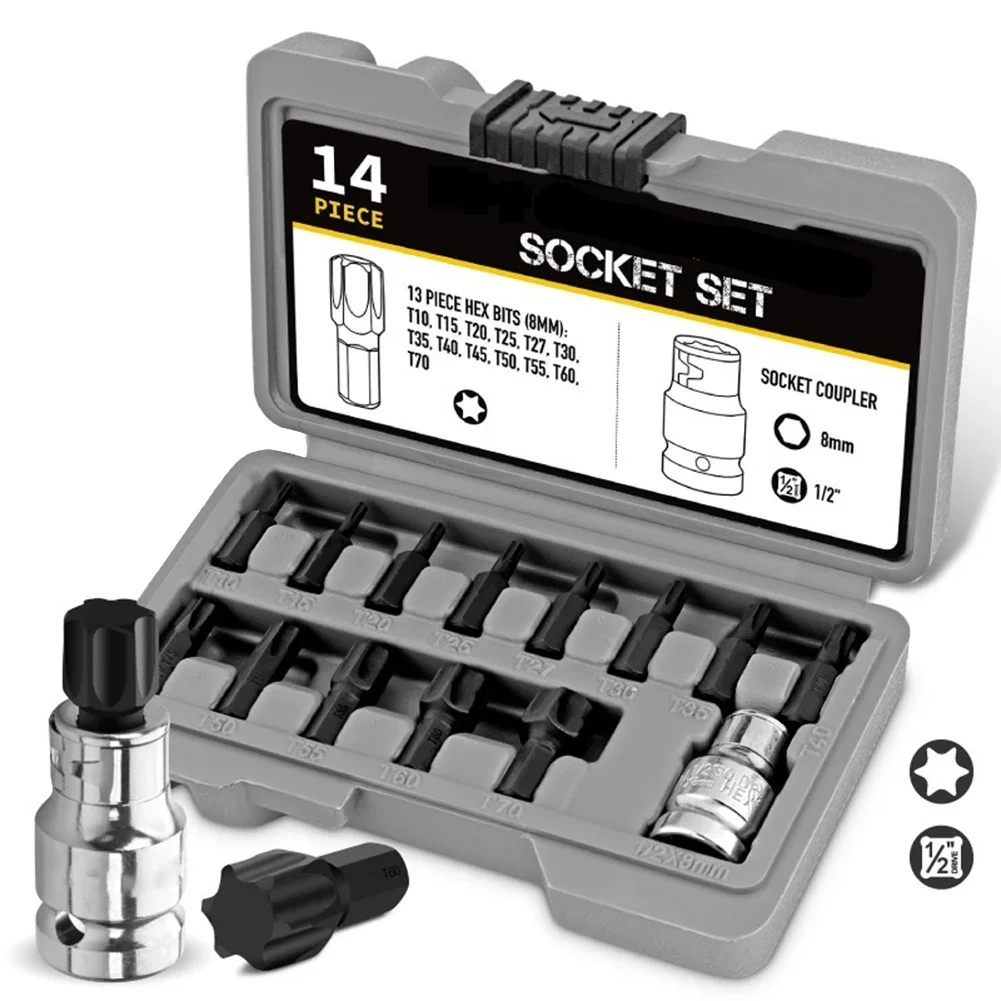 Para trabalho mecânico vanádio aço 1 2 Polegada unidade para uso doméstico T10-T70 14 pçs para torx bit soquete conjunto chave de fenda