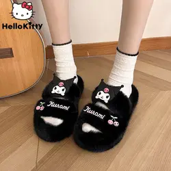 Sanrio Kuromi Plush Shoes Women Outdoor New Thick Sole Fuzzy Slippers Anti Slip Y2k Female Cartoon Korean Style Fashion Slippers