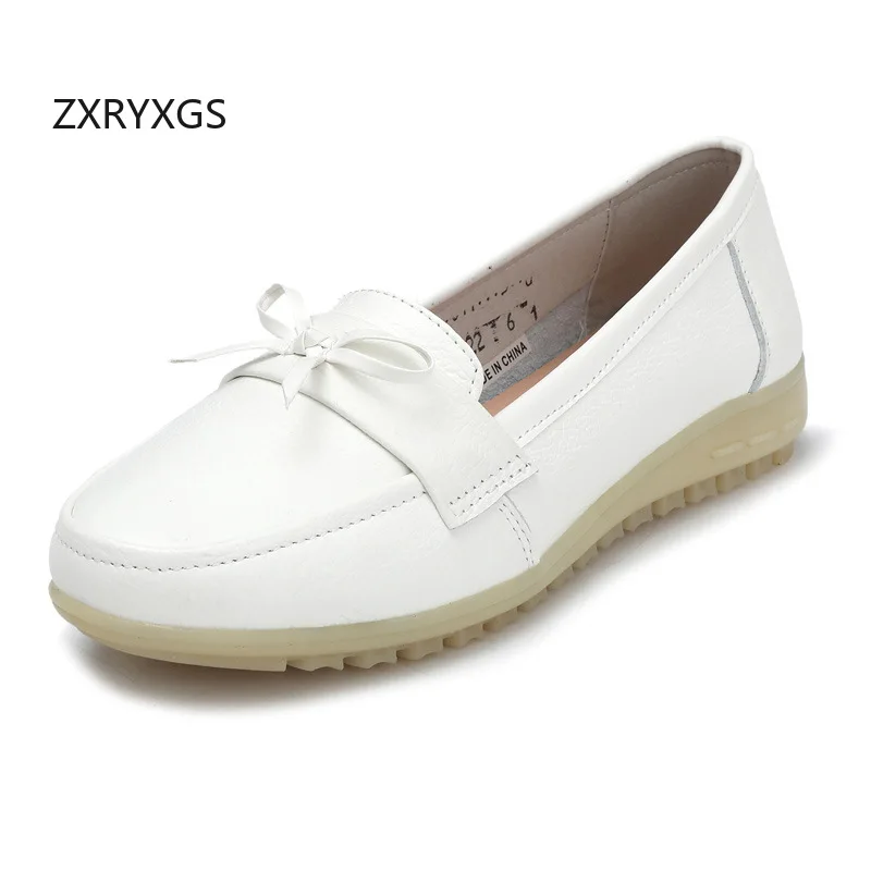 ZXRYXGS Promotion Genuine Leather Women's White Shoes Comfort Soft Flat Shoes 2026 New Fashion Bow Nurse Shoes Large Size 33-42