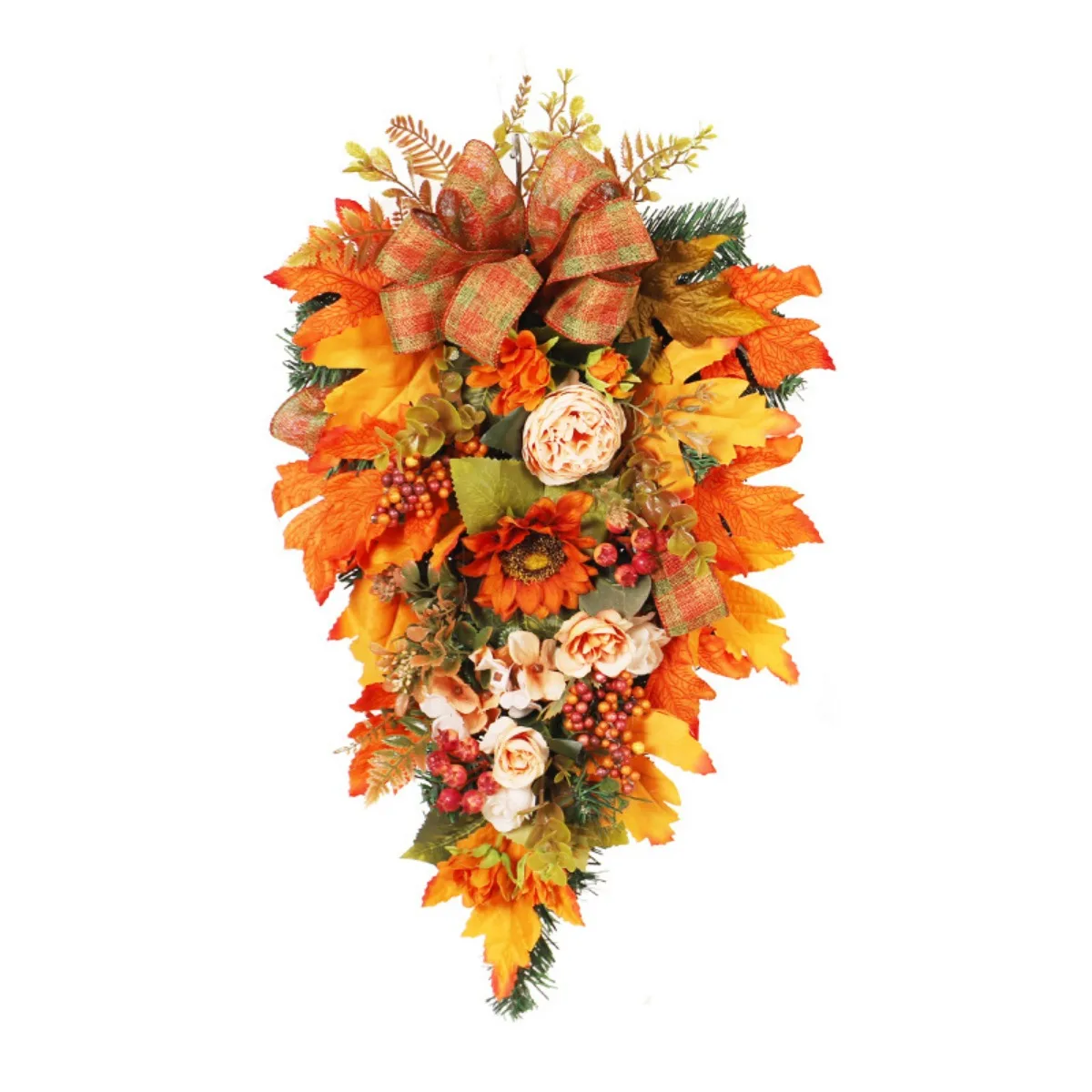 

Pre Fall Teardrop Swag with Lights Pumpkins Maple Leaves Pinecones Burlap Bow Autumn Door Swag for Thanksgiving Halloween Decor