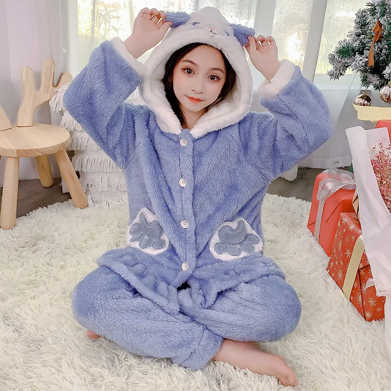 

Pajamas for Kids Autumn Winter 2022 Flannel Thick Warm Hooded Outerwear Pants Two Pieces Sleepwear Set Girls Children Home Wear