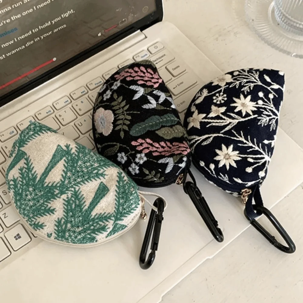 Simple Cute Embroidery Storage Bag Flower Cotton Linen Ethnic Style Coin Purse Zipper Pouch Keychain Small Cosmetic Bag Travel