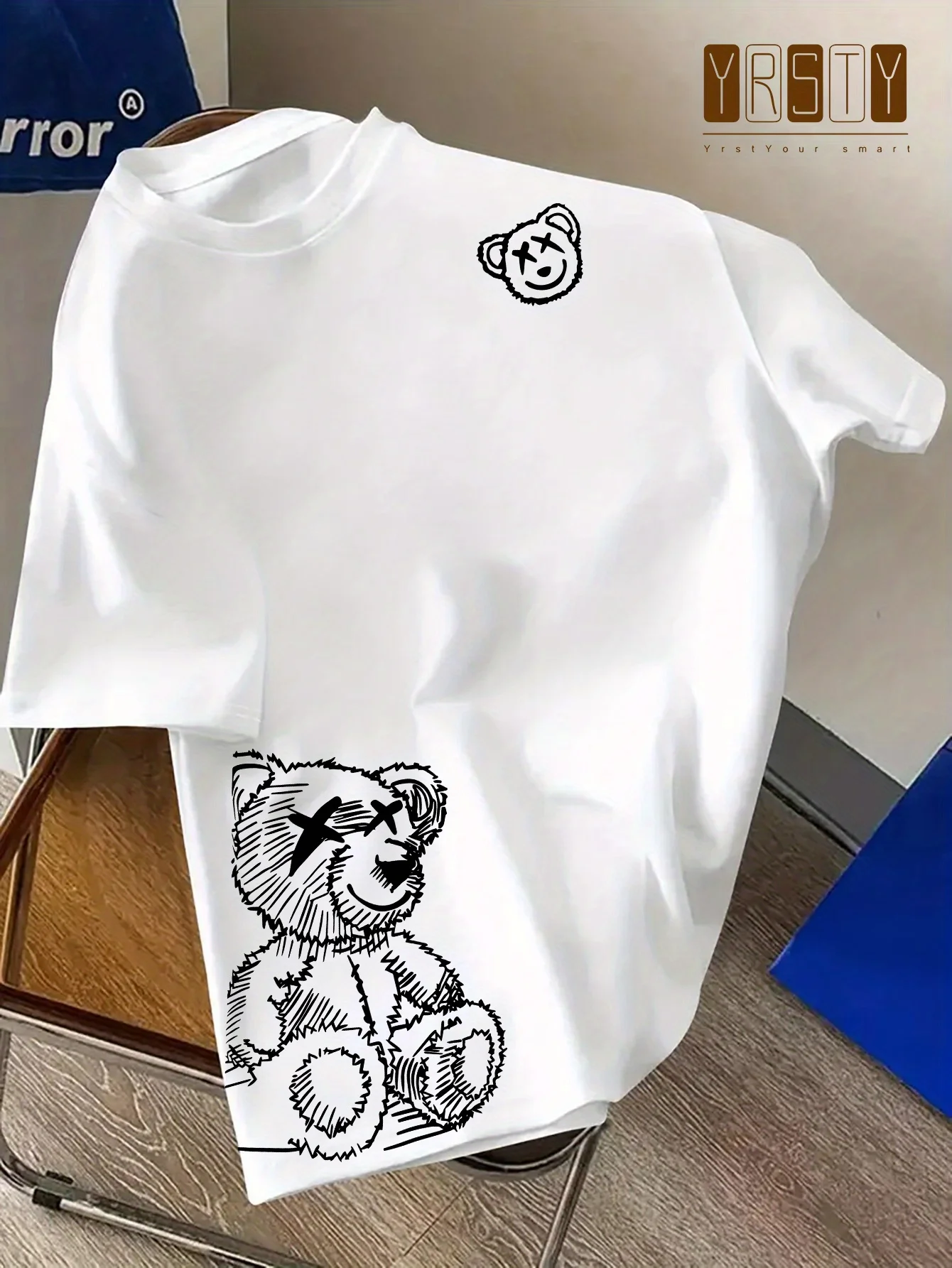 

00% pure cotton men's Cartoon Bear pattern printed fashionable casual loose sports round neck short sleeved T-shirt top
