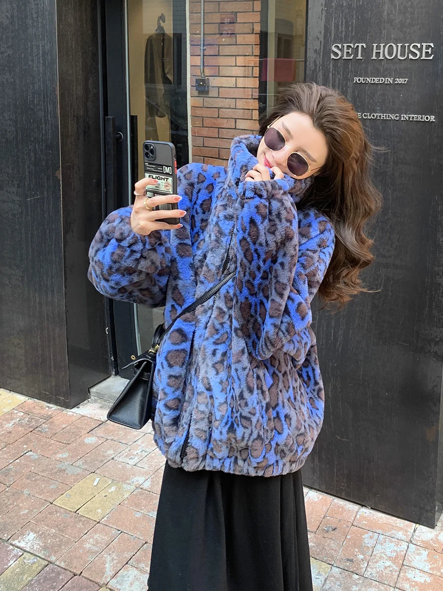 Winter 2023 Korean version loose warm lamb hair plus size short coat female leopard fur plush coat