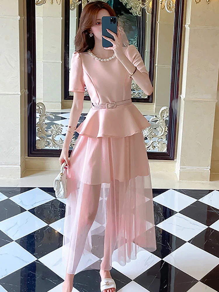 Women Pink Satin Patchwork Mesh Bandage Long Dress Summer Elegant Diamonds Luxury Dress 2025 Korean Vintage Party Evening Dress