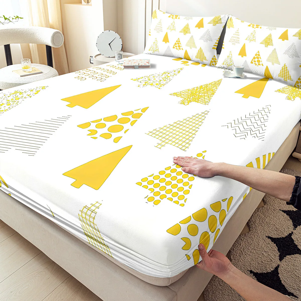 Golden Tree Pattern Bedding Set, Decorative Mattress Cover, Animal Pattern Mattress Protector, 2D Digital Print Three-Piece Bedding Set (Includes 1 Fitted Sheet + 2 Pillowcases), 3-Piece Set, Deep Pocket 2D Printed Fitted Sheet and 2 Pillowcases, Bedding Mattress Protector, Fitted Elastic Style, Protective Cover, Mattress Protector, Machine Washable Design, Holiday Decoration, Various Sizes, Breathable Protective Cover with Pillowcases