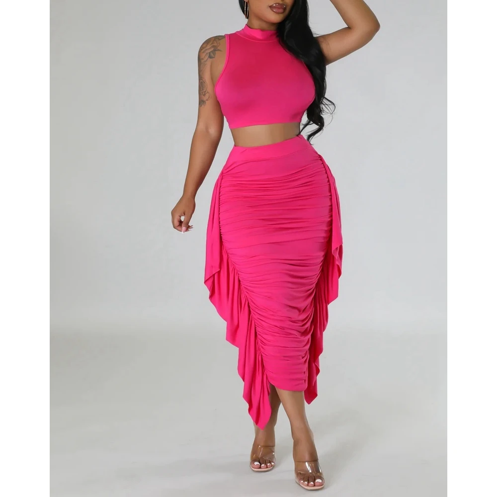 Summer Women Suit Set Workwear Tied Detail Crop Top & High Waist Midi Skirt Set Casual Tassel Femme Party 2Pcs Dress Sets in New