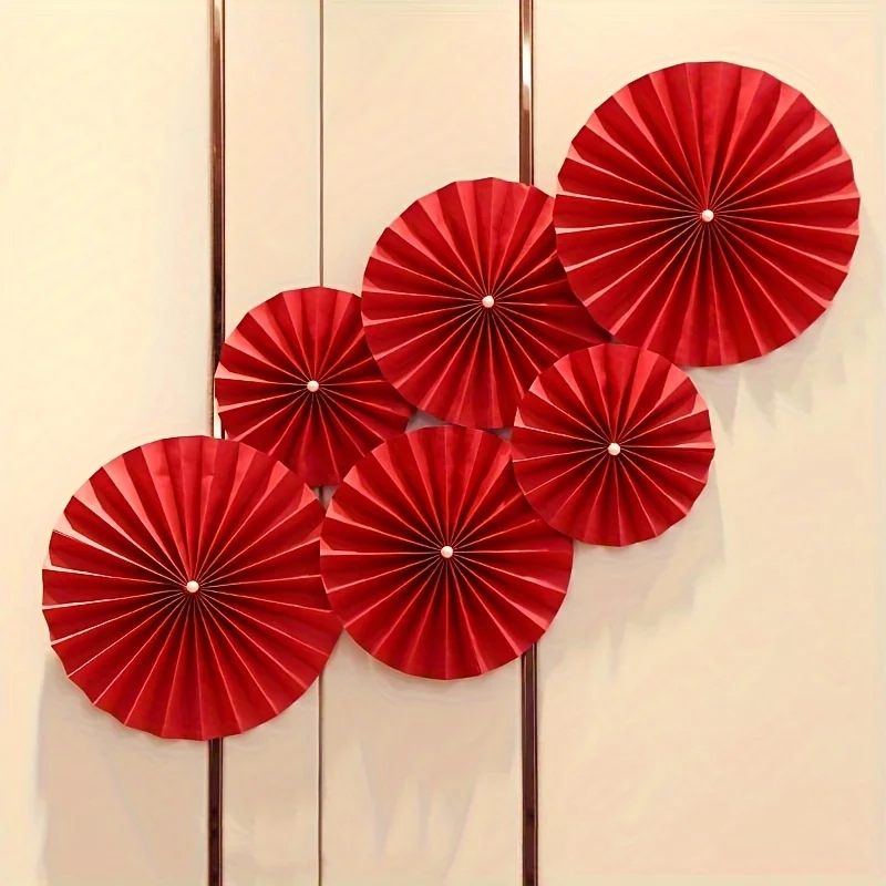 12 Stück – Party-Taschentuch-Pom-Pom, runde rote Papier-Fächer-Dekorationen, Tischdekorationen, chinesische Neujahrsdekorationen, Wanddekoration – Detail 5