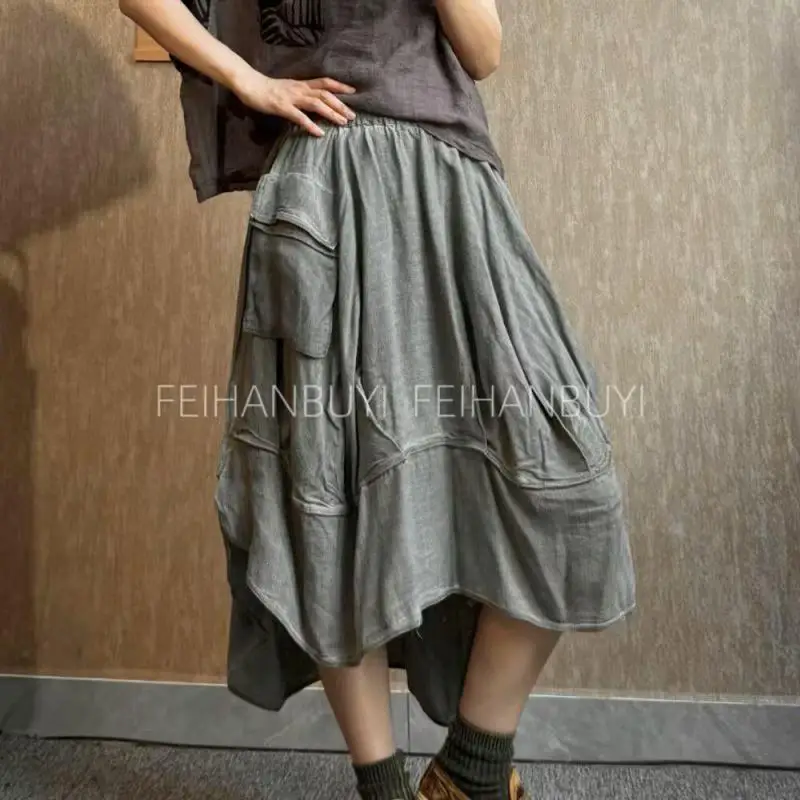 New Arrival 2026 Summer Arts Style Women Loose Casual A-line Skirt Single Pocket Design Asymmetrical Vintage Long Skirts F6662