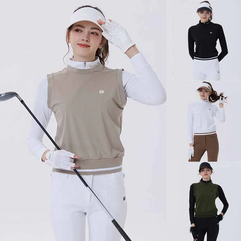BG Fall/winter Golf Polo Shirts Women Slim Long-sleeved T-shirt Stand-up Collar Splicing Top Ladies Fake Two Pieces Golf Wear