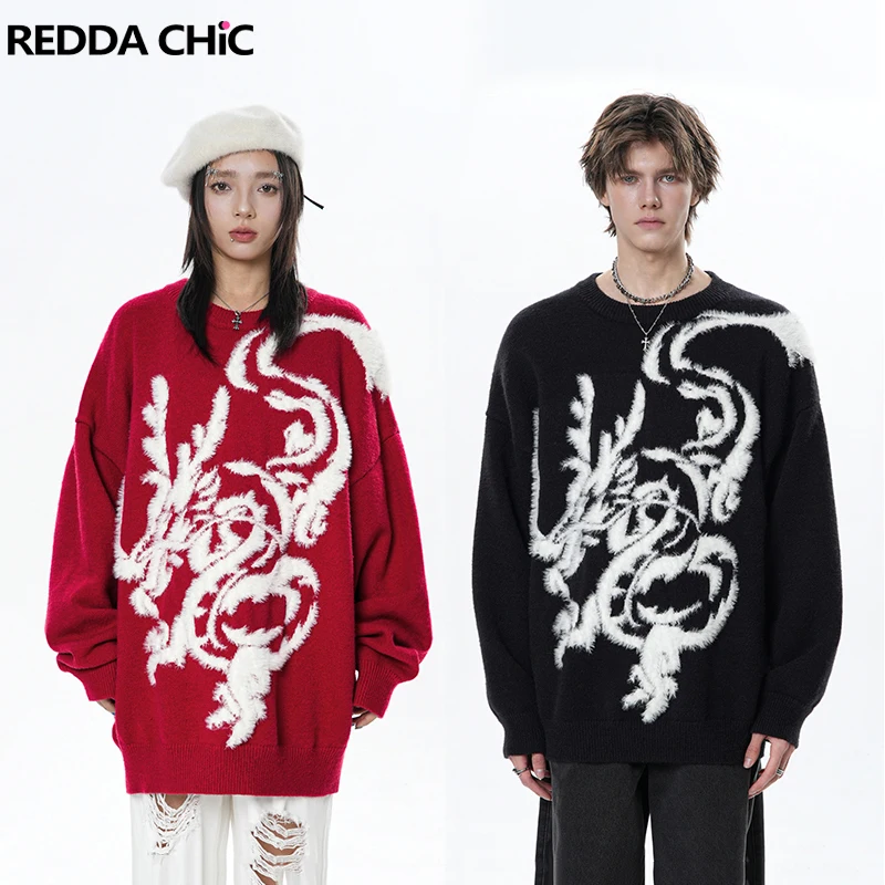 

REDDACHiC Two Tone Dragon Crocheted Sweater Women Chinesechic Casual O-neck Long Sleeves Oversized Jumper Top Couple Pullover