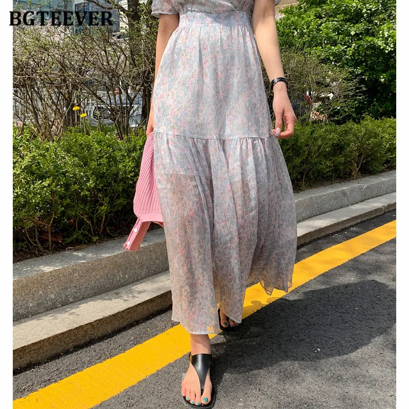 BGTEEVER-vestido floral vintage com o pescoço para mulheres, cintura fina elegante, manga folhada, vestido em linha A para senhoras, verão