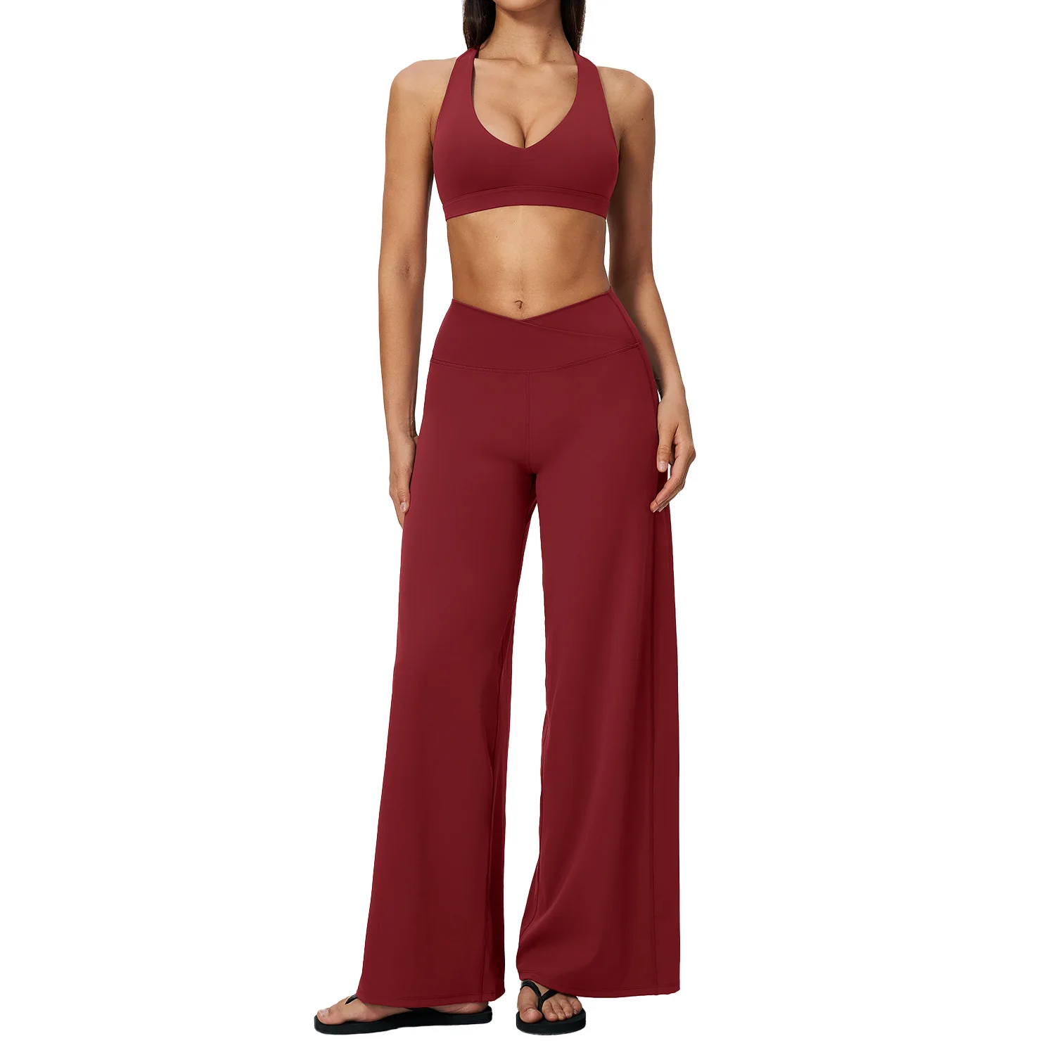 Womens 2 Piece Activewear Set Halter Push Up Bra T Back Cross Waist Wide Leg Trousers High Elastic Gym Yoga Training Fitness Wor