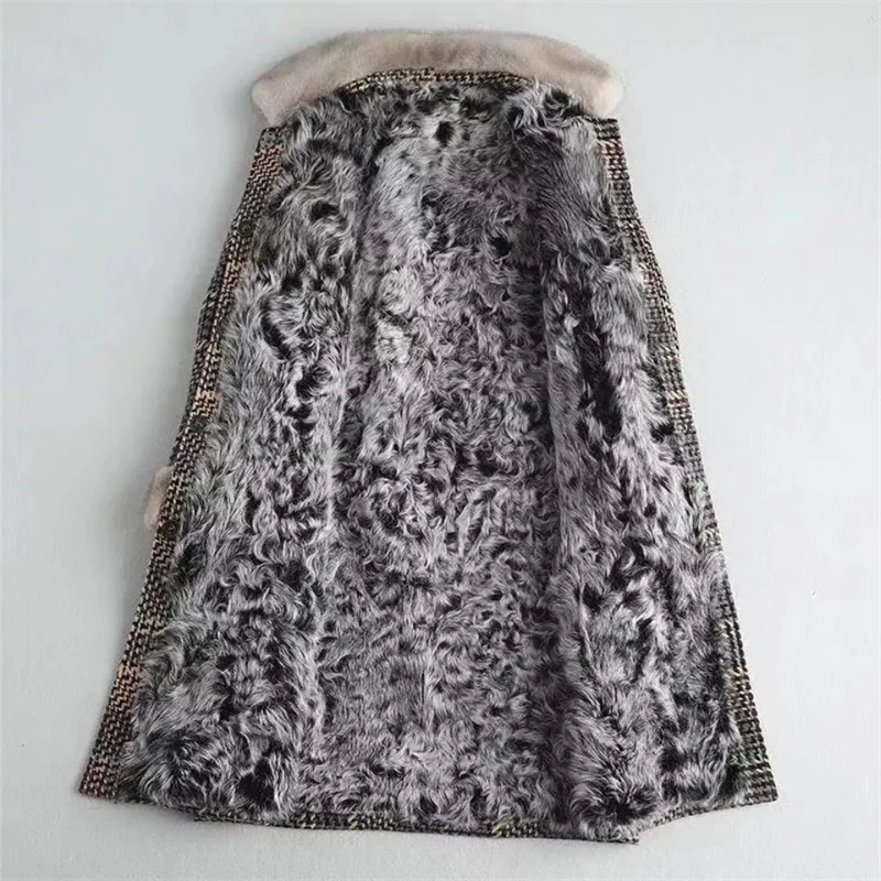 2023 Winter New Vintage Thick Plaid Fleece Medium Long Imitation Mink Fleece Collar Coat Women's Korean Checkered Fleece Coat V1