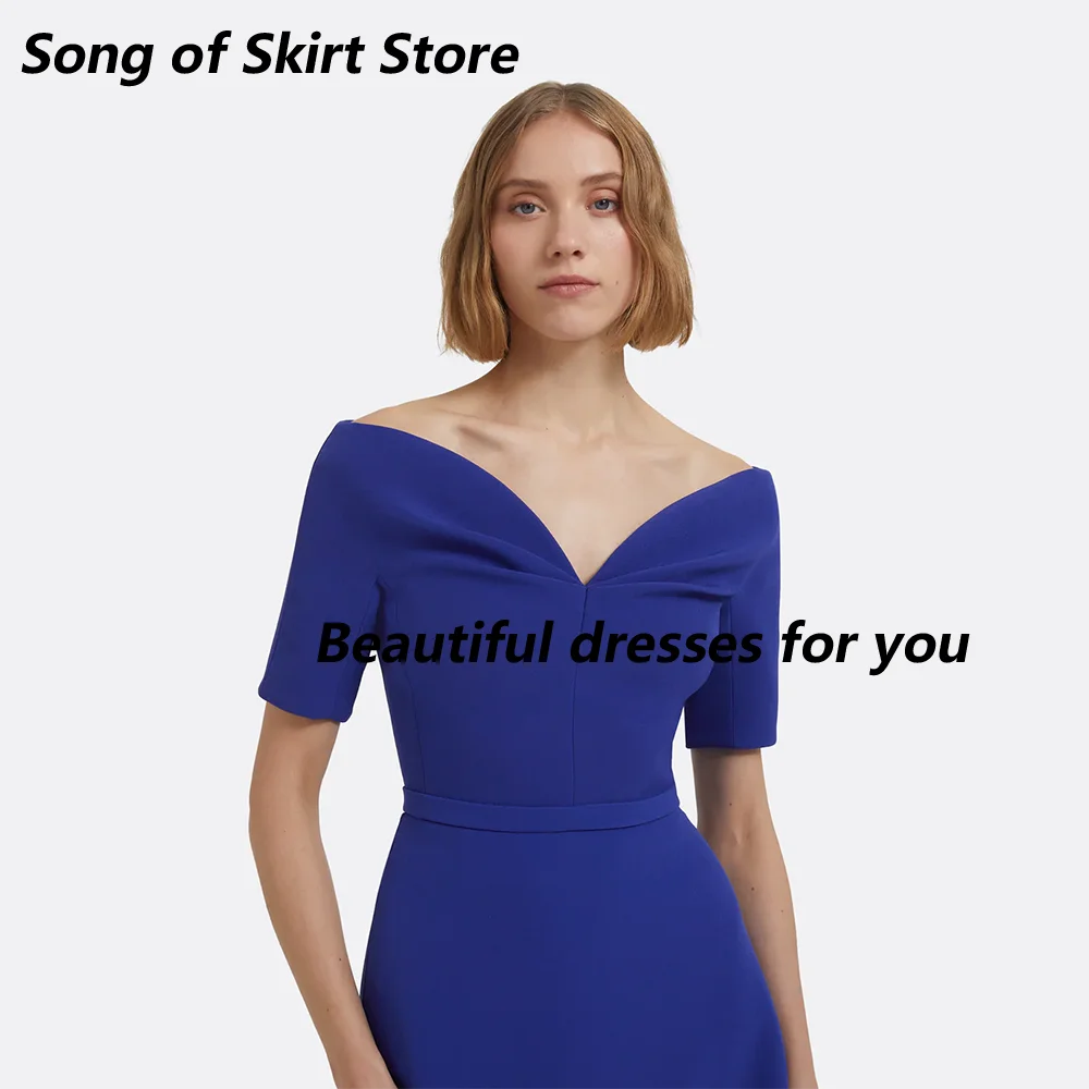 

Royal Blue Evening Dresses for Women Off The Shoulder A Line 2025 Evening Gowns Short Sleeves V Neck Prom Gown Customized