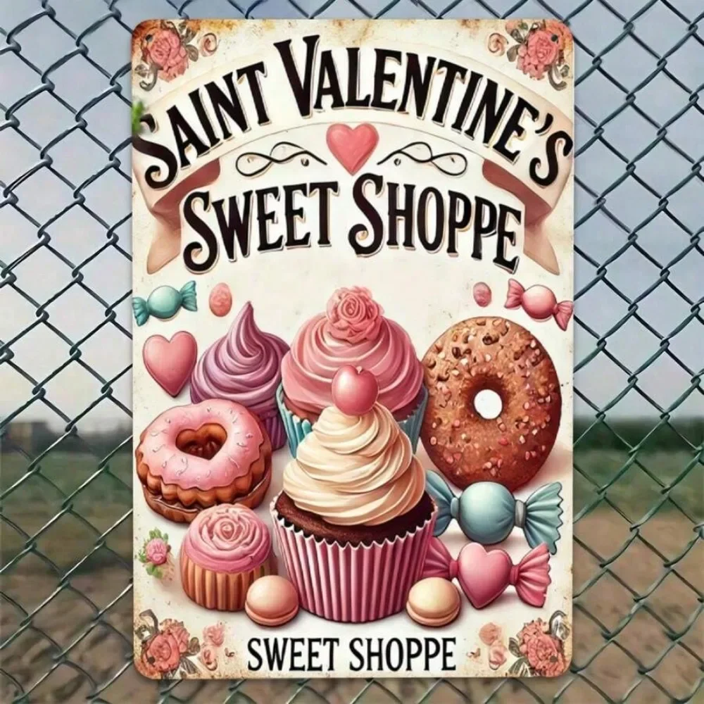 Valentine's Day Sweet Shoppe Tin Sign, Cute Donut Cupcake Wall Art Decor for Kitchen Home Gift