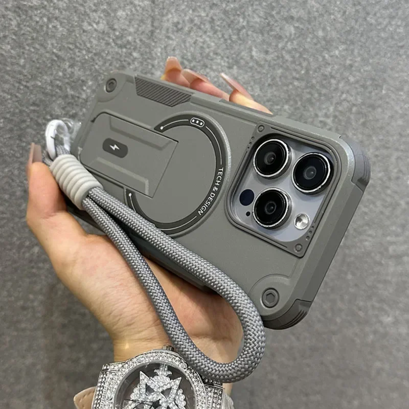 For Magsafe Magnetic Phone Case for IPhone 17 Air 16 15 Plus 14 13 12 Pro Max Wrist Strap Invisible Bracket Protection Cover