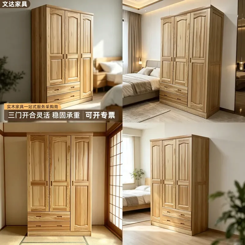 For Solid Wood Wardrobe Children Drawer Household Bedroom Rental House Simple Clothes Multi-door Locker