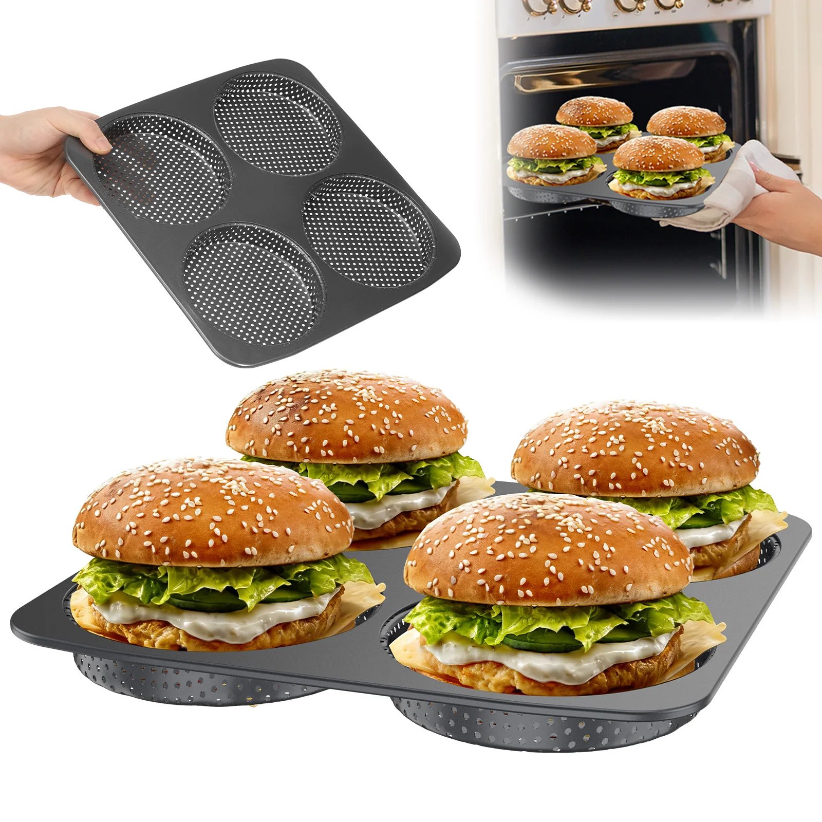 4 Cavity Hamburger Bun Mold Pan Carbon Steel Reusable Bread Mould Heat Resistance Bread Pan Baking Mould for Kitchen Tools