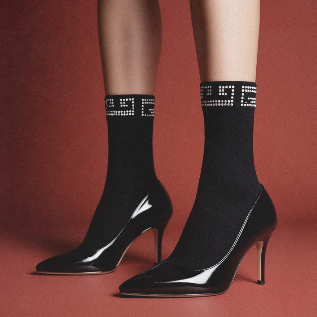 Czarne aksamitne skarpetki do kostki z białymi cyrkoniami w stylu chińskim, 120 den, błyszczące obuwie dla kobiet.