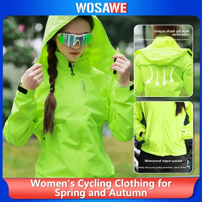 

WOSAWECycling Женский дождевик с капюшоном, непромокаемая водонепроницаемая быстросохнущая куртка от дождя, ультралегкая ветровка для активного отдыха