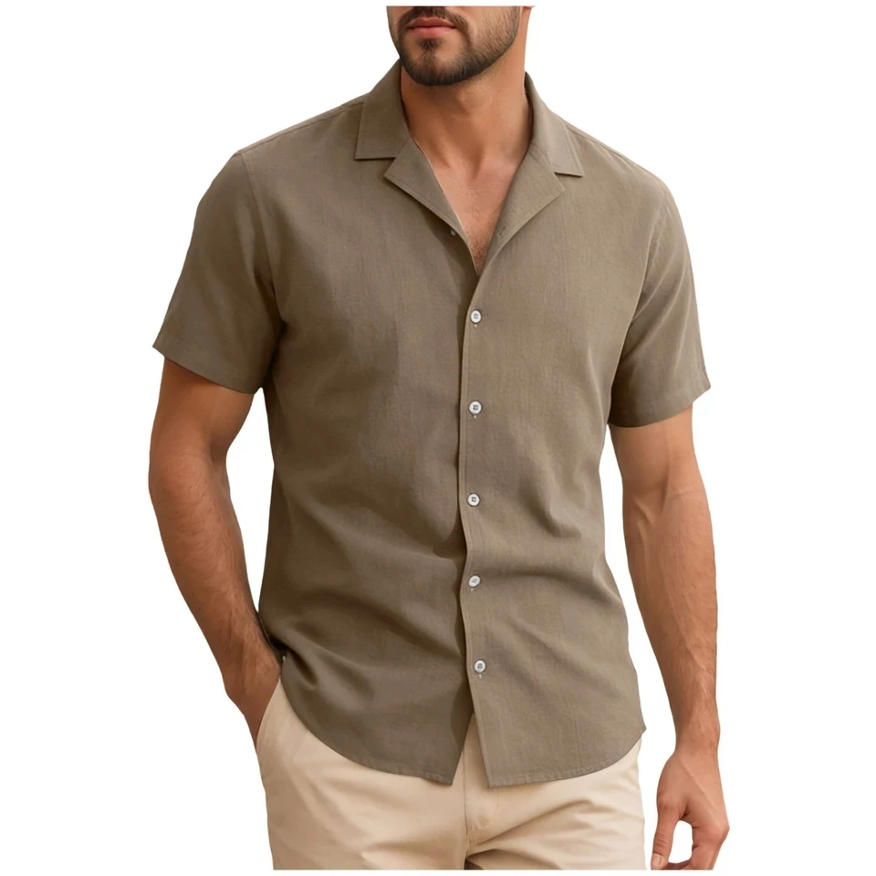 

Men's Cotton Linen Shirt Summer Short Sleeve Button Up Casual Lightweight Beach Shirts Solid Vacation Style Lapel Collar Tops