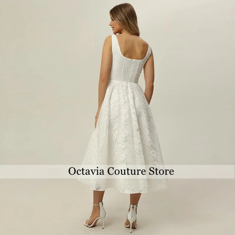 Sexy Short Lace Wedding Dress Square Neck Sleeveless Open Back Tea Length Bridal Gown Vestidos De Novia Little White Dresses