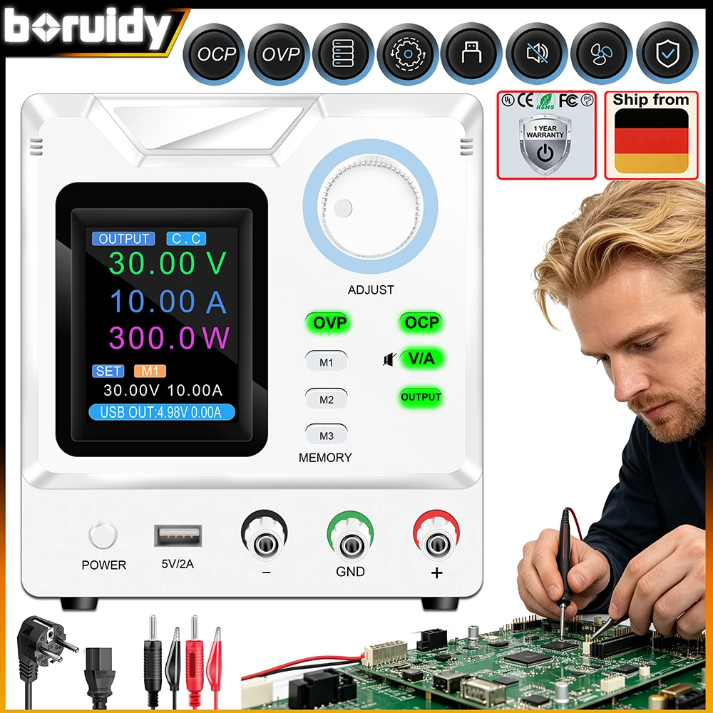 Boruidy Labor-Netzteil Einstellbar 30V 5A 30V 10A 60V 5A 120V 3A, OCP OVP DC-Netzteil M1-M3 Speicherfunktion, Labornetzgerät Stabilisiertes Schaltnetzteil, Spannungsregler mit Hochpräziser 4-stelliger