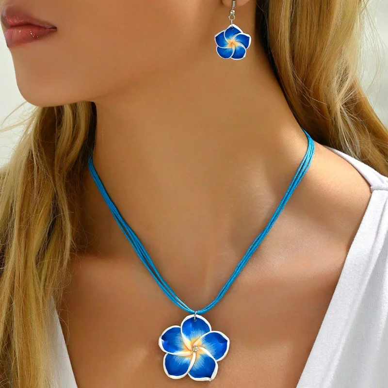 New Bohemian Big Flower Braided Jewelry Set For Women Pink Red Blue Flowers Necklace Earrings Girls Beach Party Jewelry Decor