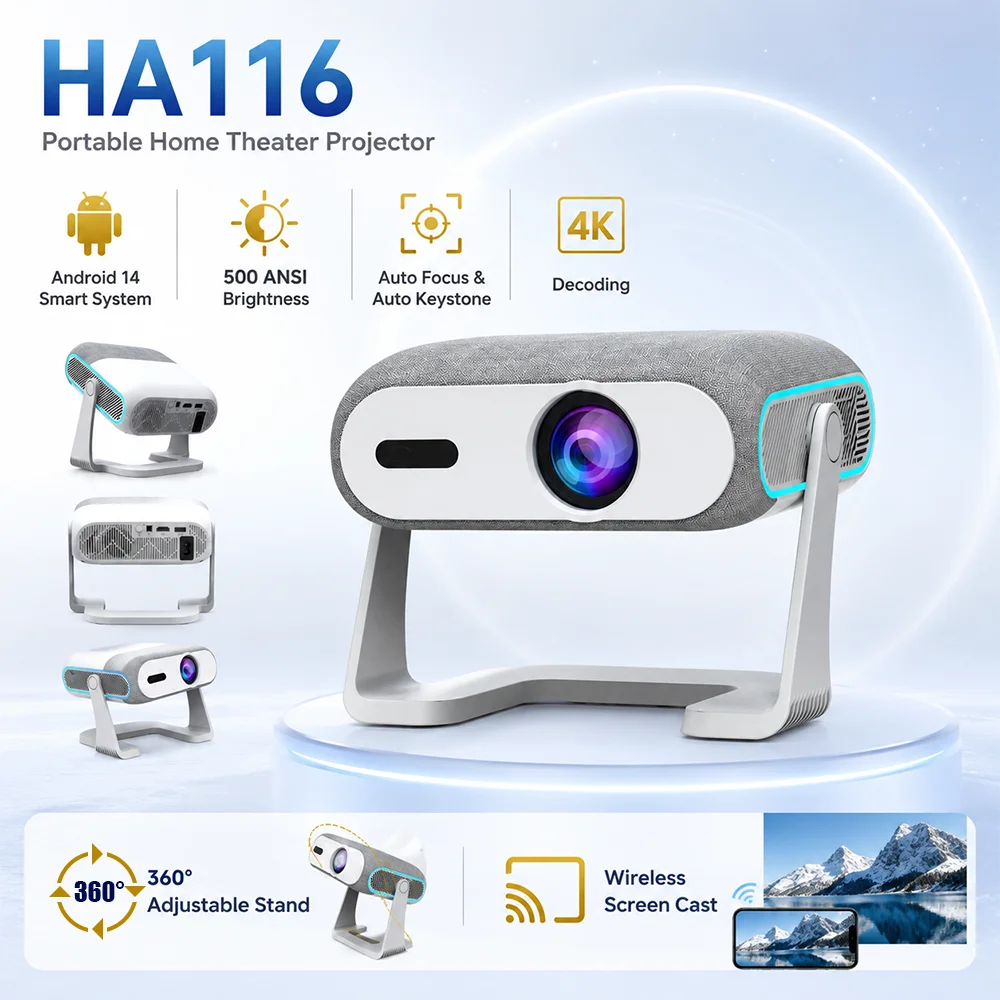 HA116 Projector Android14 500ANSI 2.4G/5G Wifi6 BT Support 1080P 4K HDR Home Cinema Office All-in one Telescopic Smart Projector