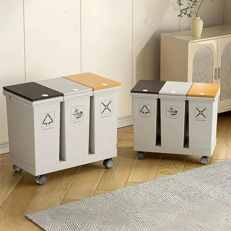 60L gland trash can, kitchen, large-capacity wet and dry separation storage bucket, moving and sorting trash can with wheels, en