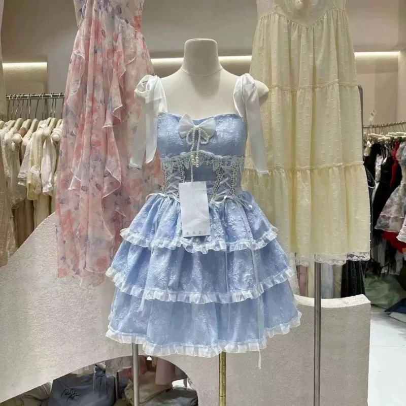 الصيف النمط الياباني Kawaii لوليتا فستان المرأة خمر الحلو مقوس دانتيل الكشكشة كعكة فساتين Harajuku Y2k سليم ضمادة فستان