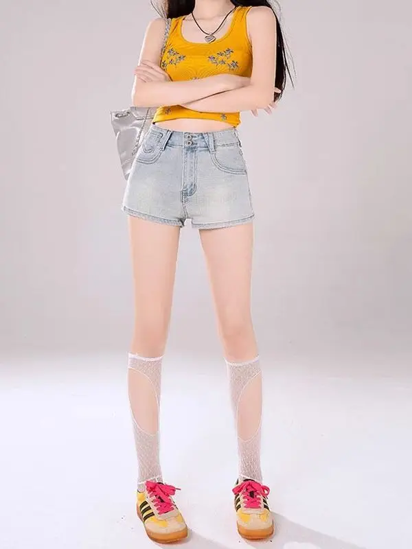 

Retro High Waist Stretchy Denim Shorts Women's Summer New Style American Spicy Girl Slimming Hot Pants Medium Stretch Cotton ...