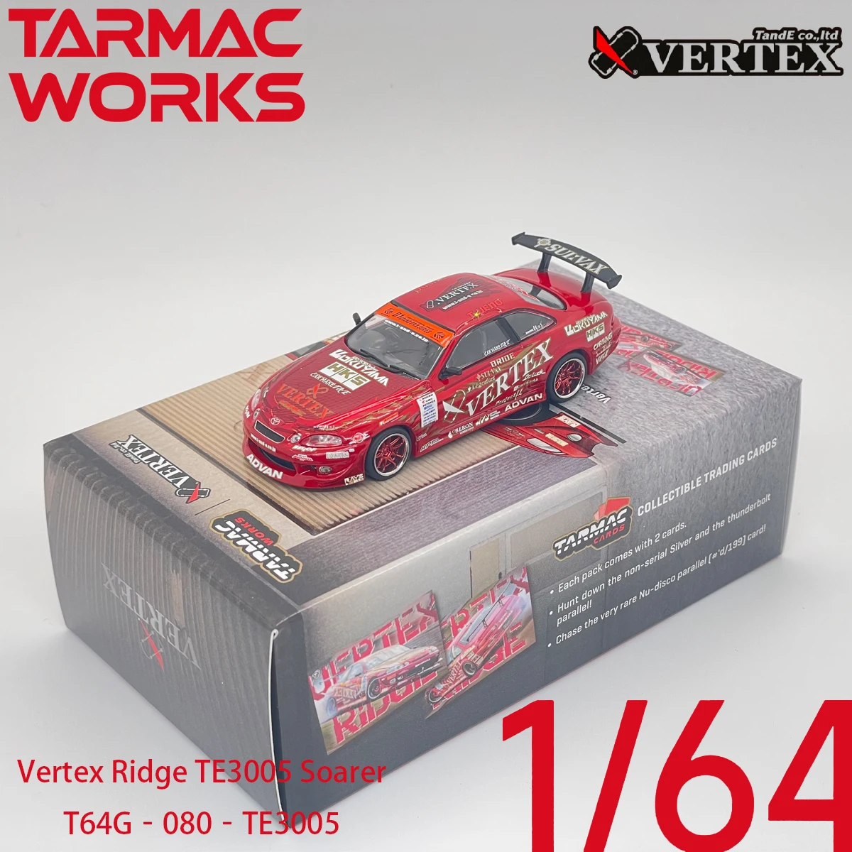 In Stock Tarmac Works 1:64 Vertex Ridge TE3005 Toyota Soarer Diecast Car Model T64G-080-TE3005 with Collectible Trading Cards