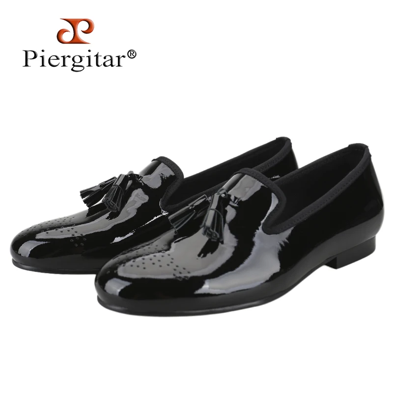 Piergitar Black/Red Patent Leather Men Dress Shoes Handmade Tassels And Brogue Perforated Design Slip-On Loafers For Party Wear