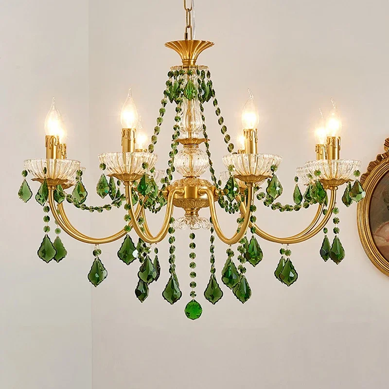 French Retro Copper Rreen Crystal Living Room Chandeliers Light Luxury Dining Room Bedroom Study Candle Pendant Lights E14 Lamps