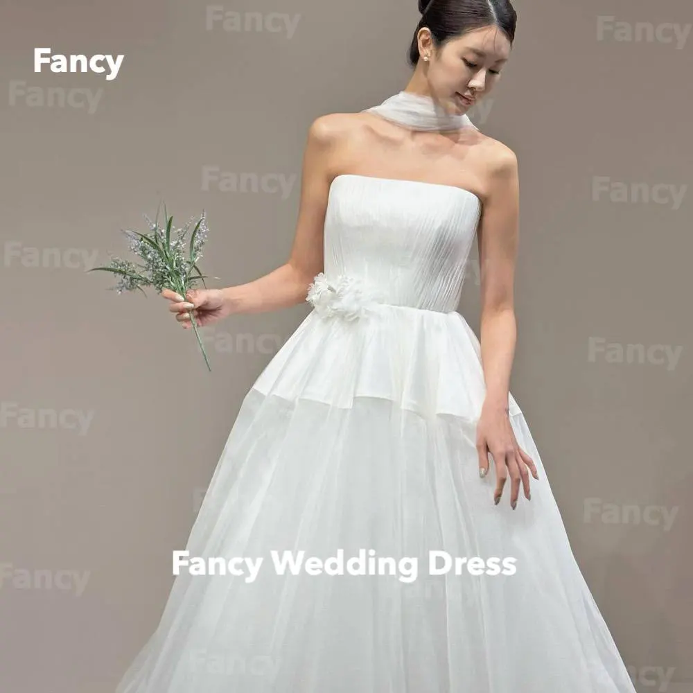 Fancy Graceful Stapless Puff Satin Wedding Dress Korea Photo Shoot A Line Flower With Shawl Bridal Gown Floor Length Customized