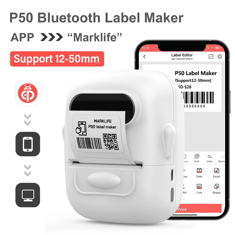 

Marklife P50 Mini Label Printer Support 12-50mm Portable Thermal Printer Adhesive Label Printer Stickers Tag Labeling Machine
