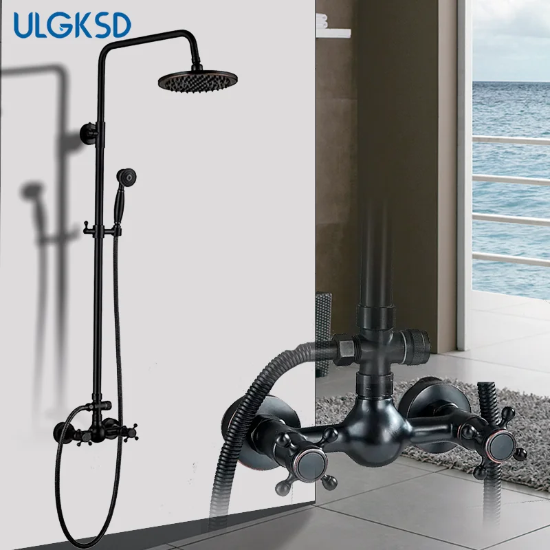 

Матовый черный душевой набор для ванной комнаты, смеситель из латуни, горячий и холодный дождевой душ с ручным душем, настенное крепление, смеситель для душа с двойной ручкой