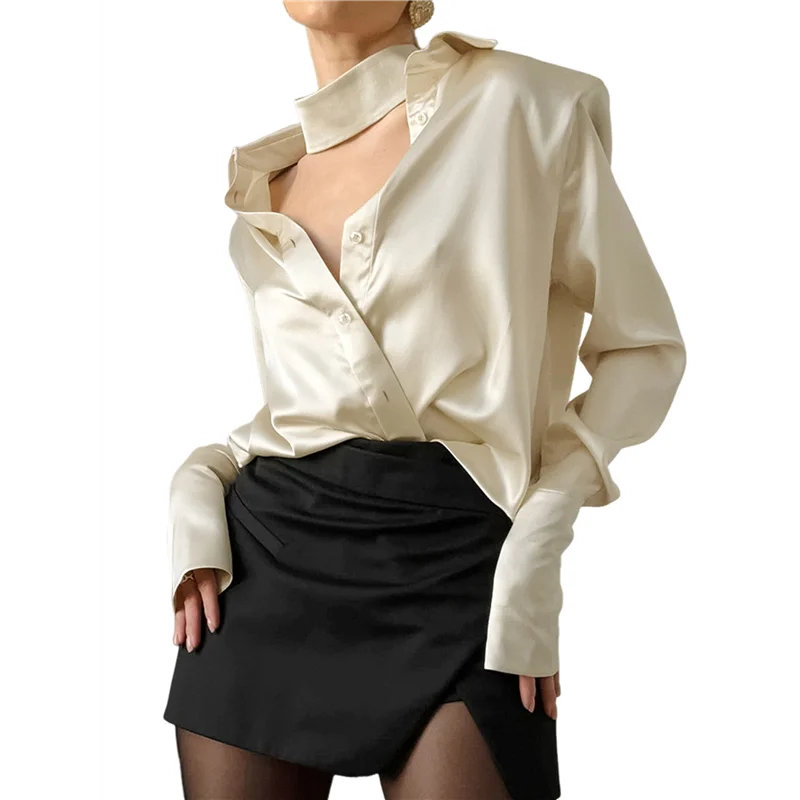 Koszule damskie ASDS-Satin Silk zapinane na guziki, koszule wizytowe, bluzki z długim rękawem, koszule damskie