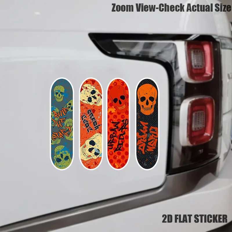 4Pcs/Set Skateboard Shape Skull Stickers 2D Flat Urban Rider Vinyl Decals Waterproof for Car Bike Motorcycle Helmet Decor