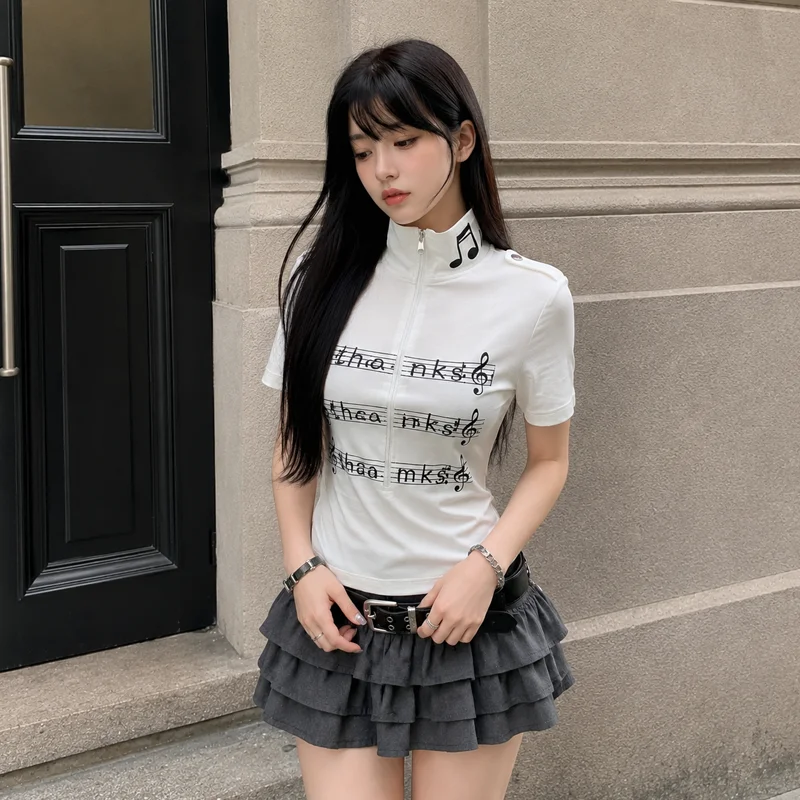 Sommer Damen Preppy Y2K Streetwear Musiknoten-Print Halber Reißverschluss Stehkragen Bodycon Kurzarm-T-Shirts – Detail 7