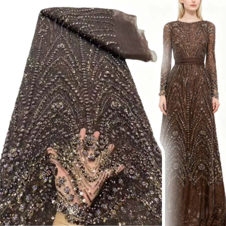 

2026 African Nigerian High-Quality Sequins Beaded Tulle Lace Fabric for Prom Dresses Beads Embroidery Sewing Net Cloth TP1774
