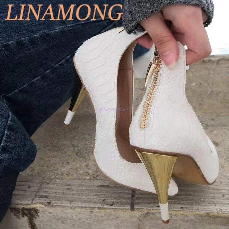 حذاء واحد بسحاب خلفي أبيض، حذاء نسائي عصري بكعب عالٍ رفيع مدبب، نمط بسيط، حذاء للحفلات والولائم